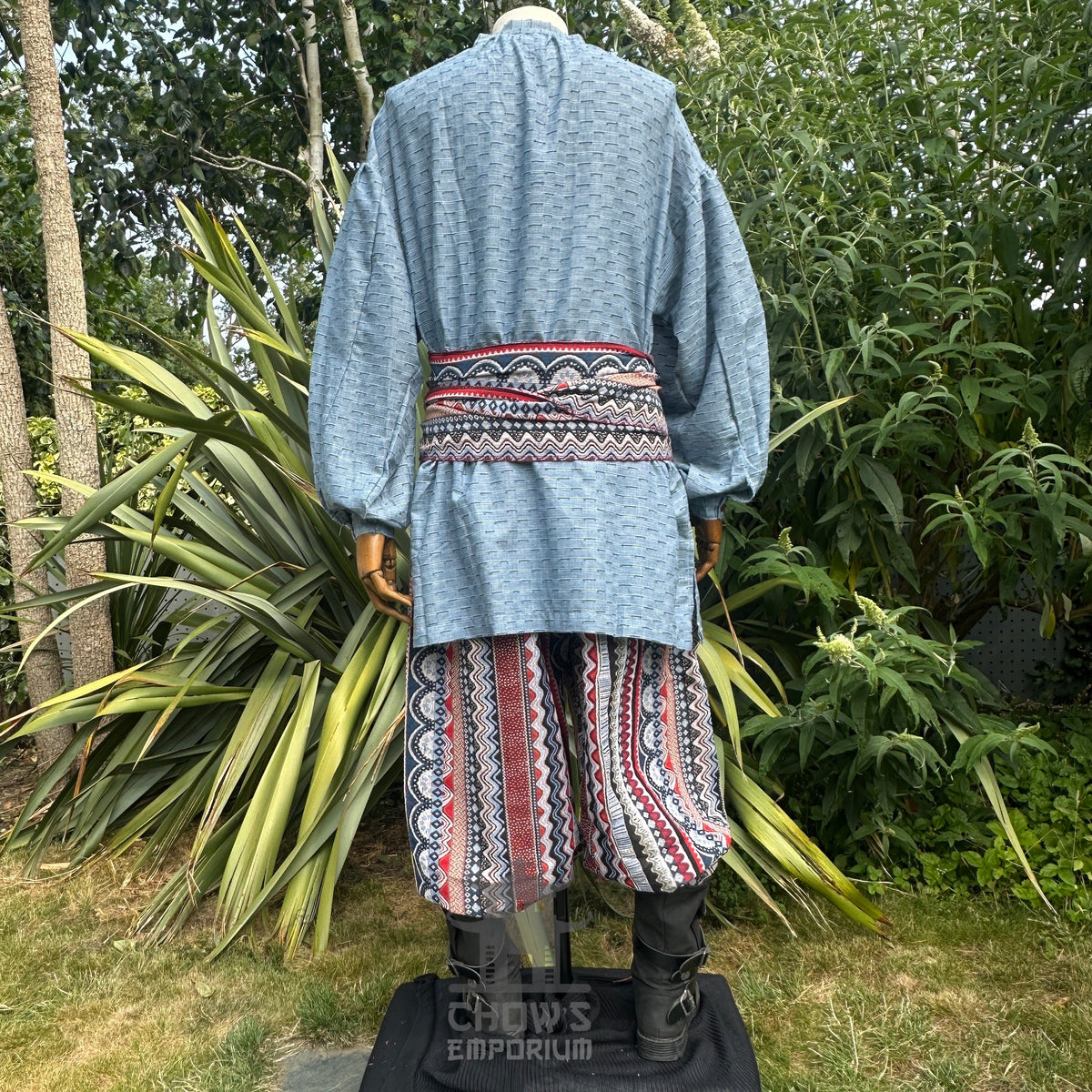 Medieval LARP shirt in textured blue cotton and linen, back view.