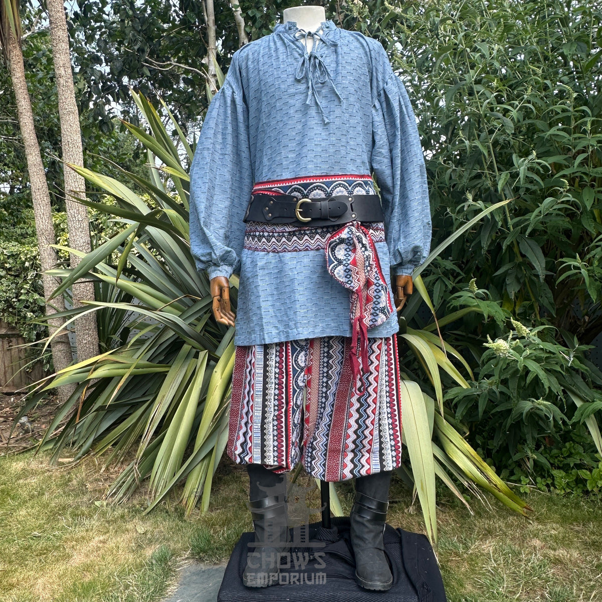 Medieval LARP shirt styled with belt and patterned skirt.
