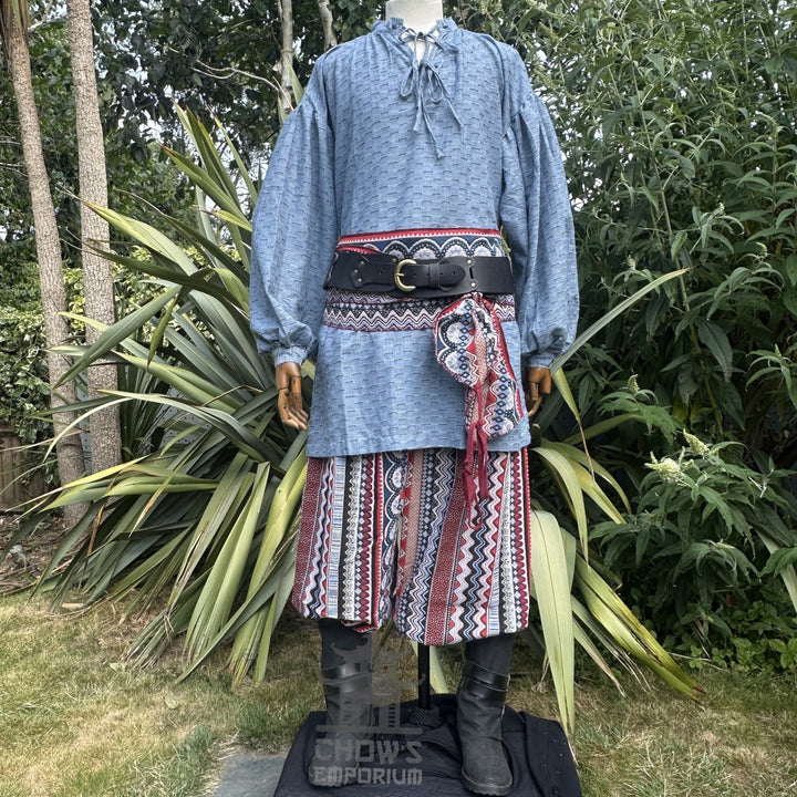 LARP Basic Outfit - 3 Piece Blue & Red Nordic Zigzag (Medieval Shirt, Pants & Sash))