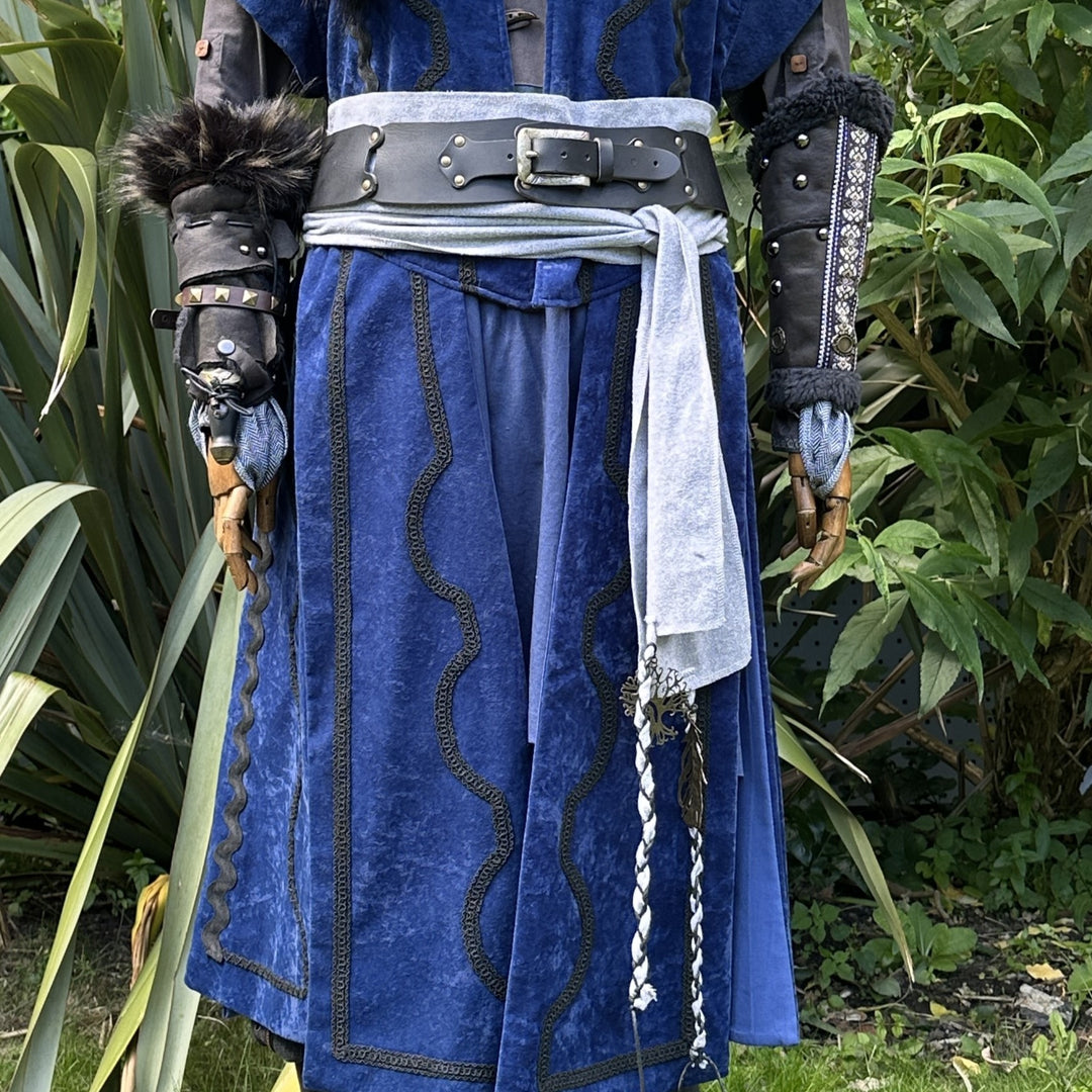 Tenue de LARP Storm Wizard - 5 pièces ; Gilet effet suède bleu, capuche, tunique, brassards, ceinture