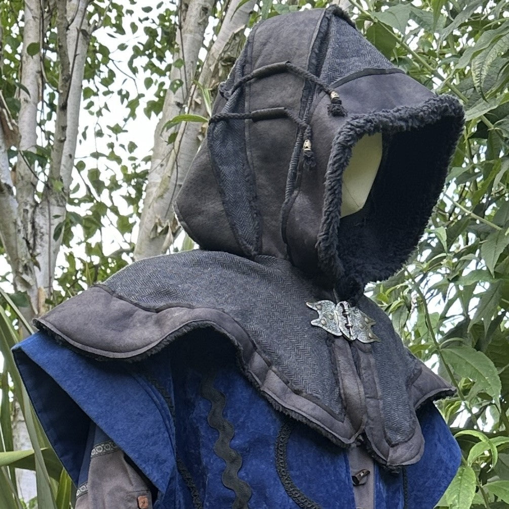 Blue and grey medieval LARP hooded costume with intricate details.
