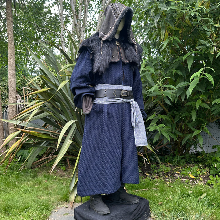 Tenue de LARP Storm Wizard - 5 pièces ; Gilet effet suède bleu, capuche, tunique, brassards, ceinture