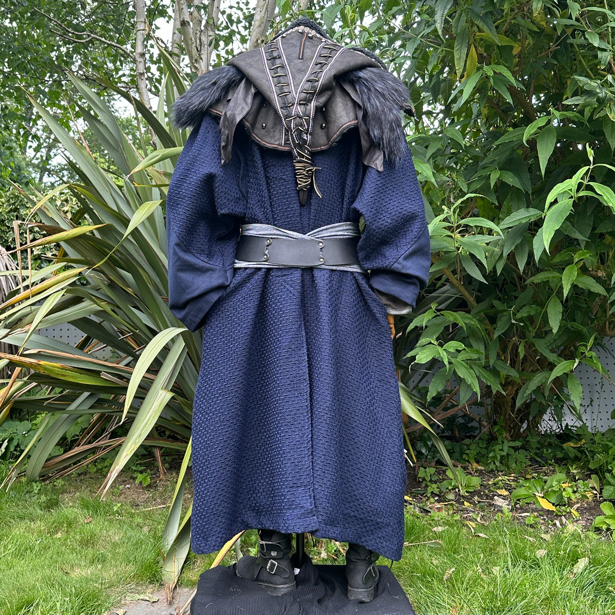 Dark blue LARP Sea Warlock robe with ornate hood, leather belt, rear view.