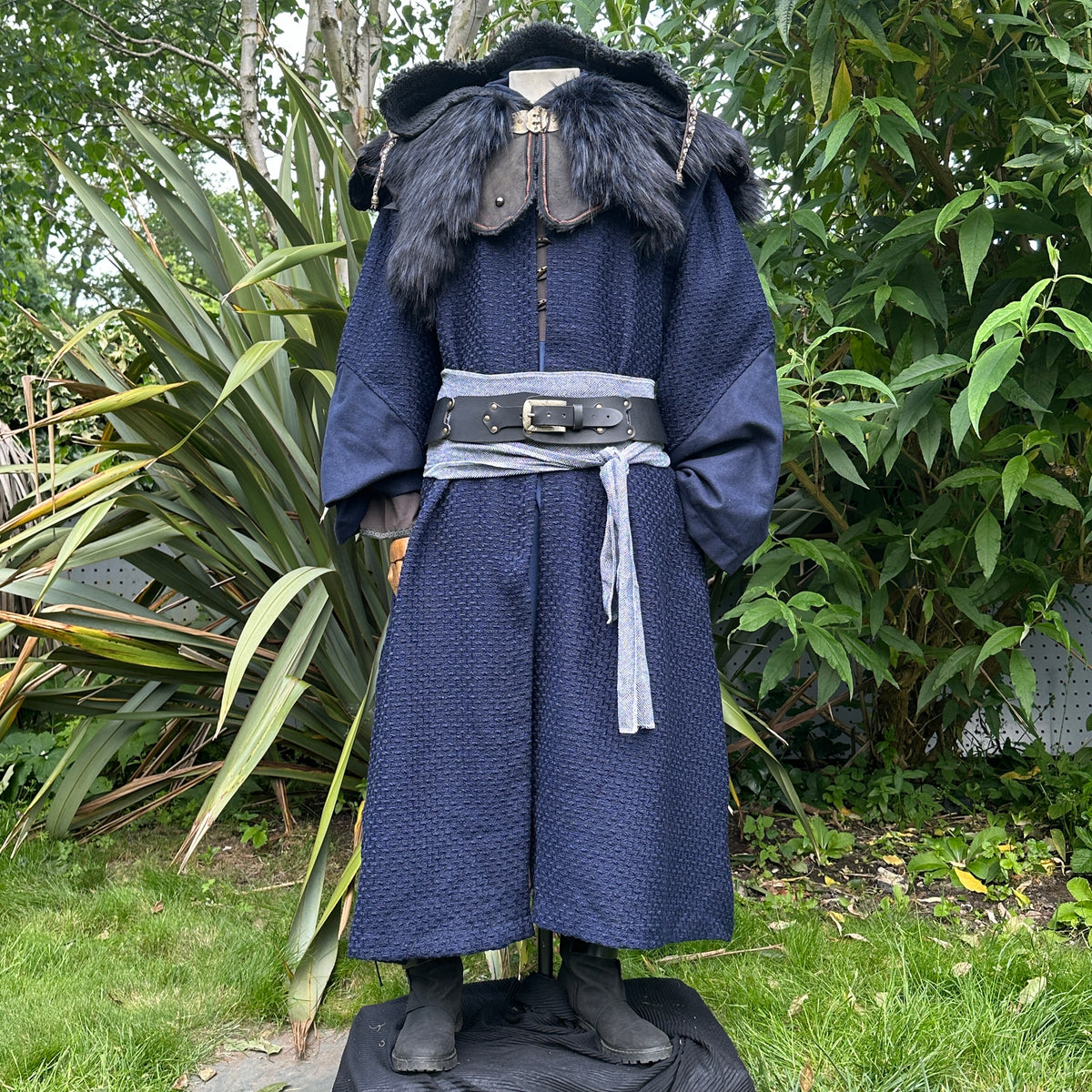 Navy Sea Warlock LARP robe with fur, ornate hood, belt, and sash.