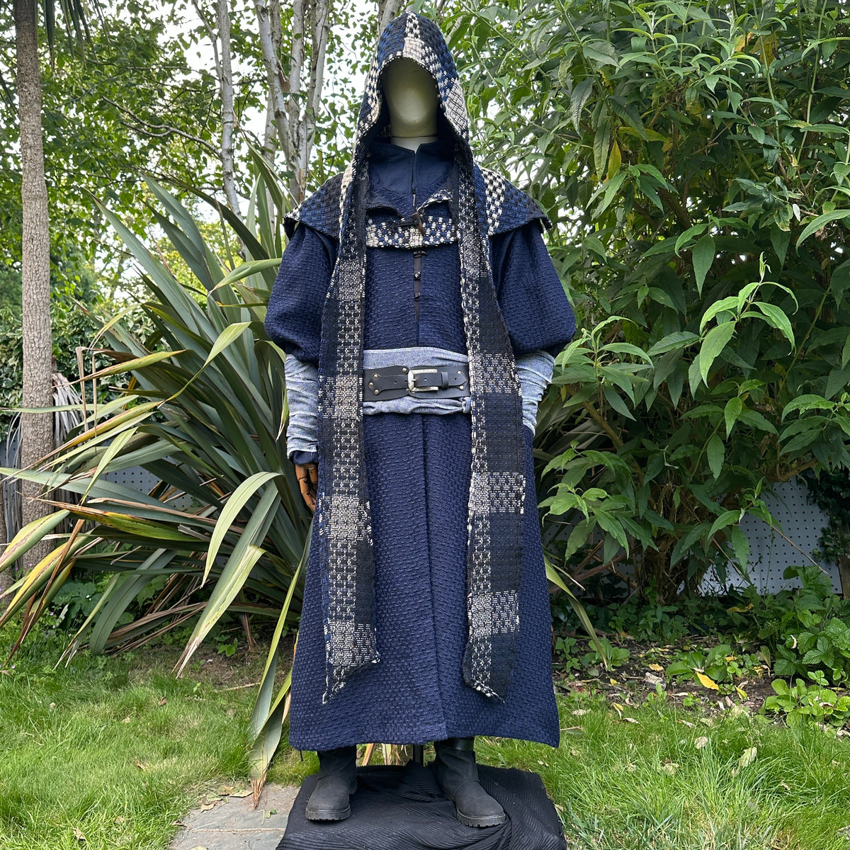 Hooded sea warrior costume with sash and belt for LARP.