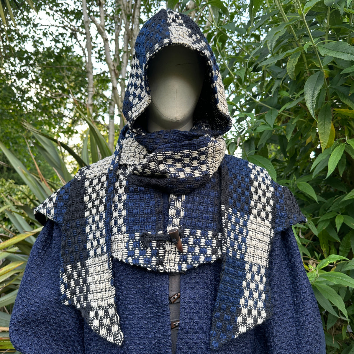 Plaid hooded robe with woven details for LARP.