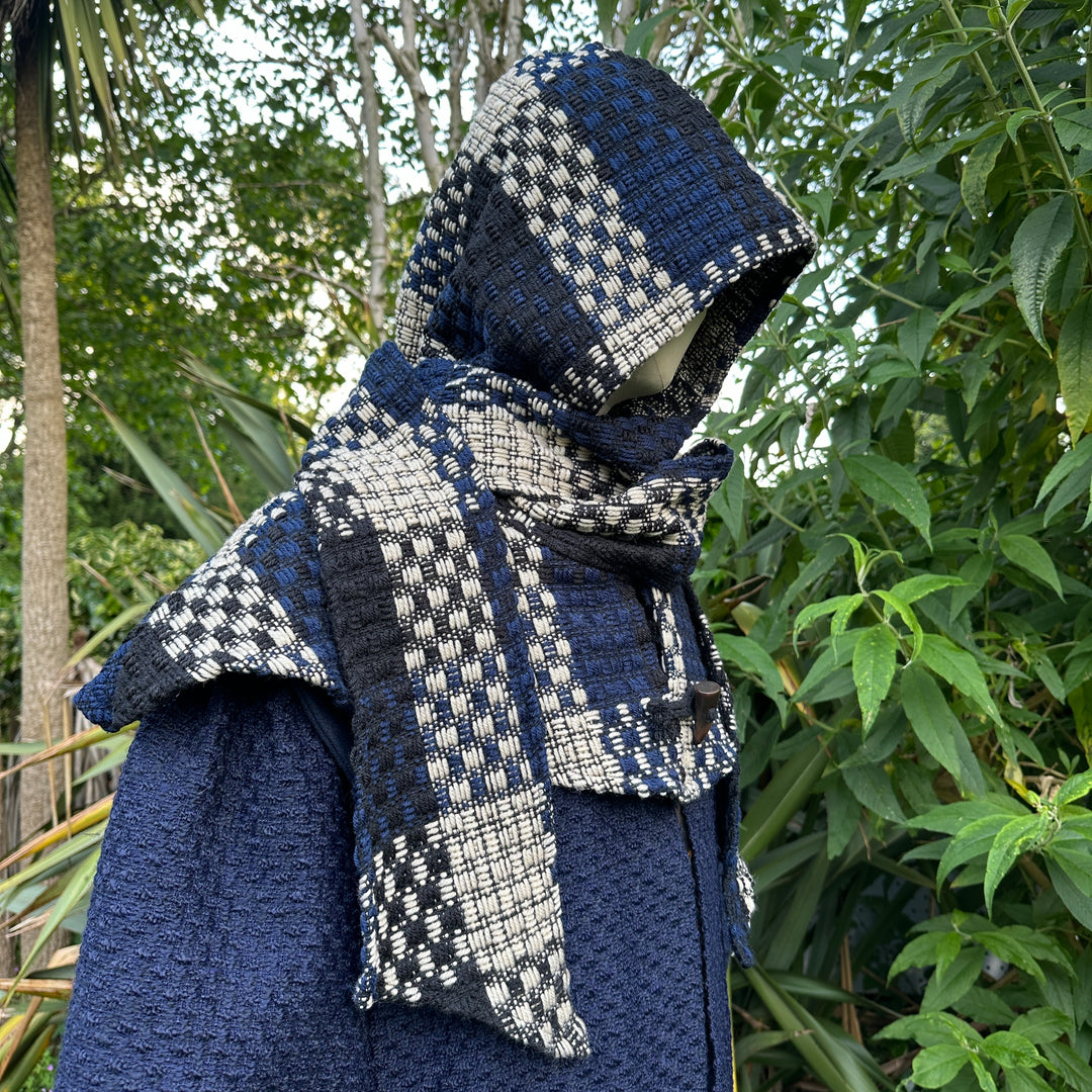 Blue & White Check Wool Wrap-Around Hood