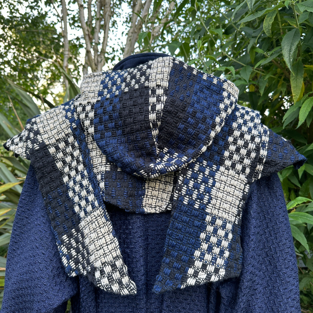 Blue and white check wool scarf hood, back view for LARP.