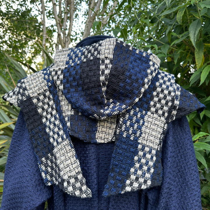 Blue & White Check Wool Wrap-Around Hood