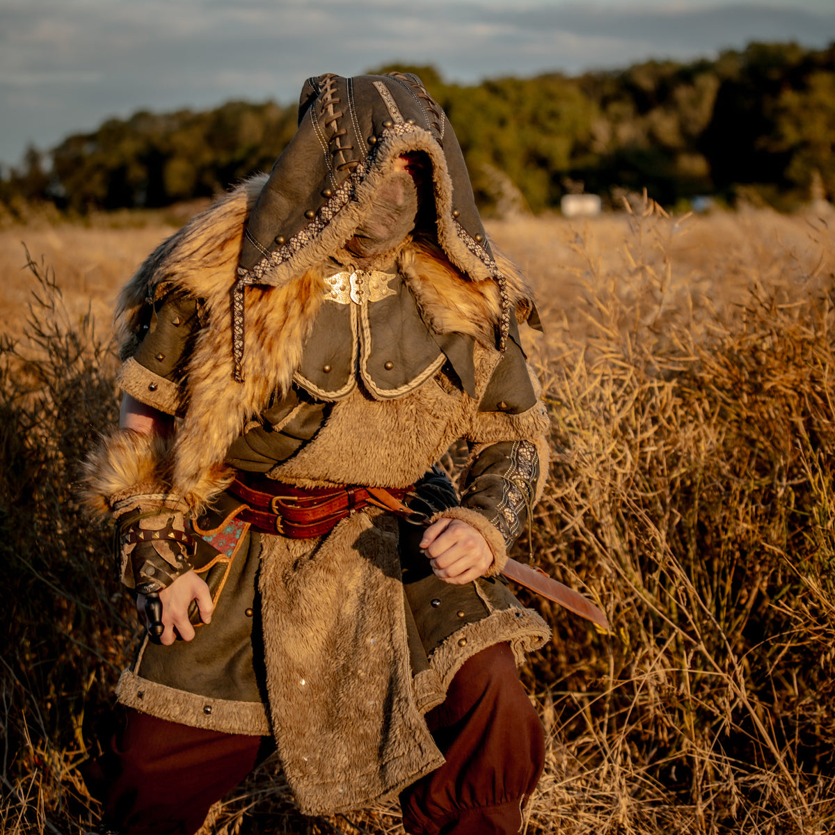 Barbarian Master Set for LARP: brown tunic, hood, vambraces with fur trim.