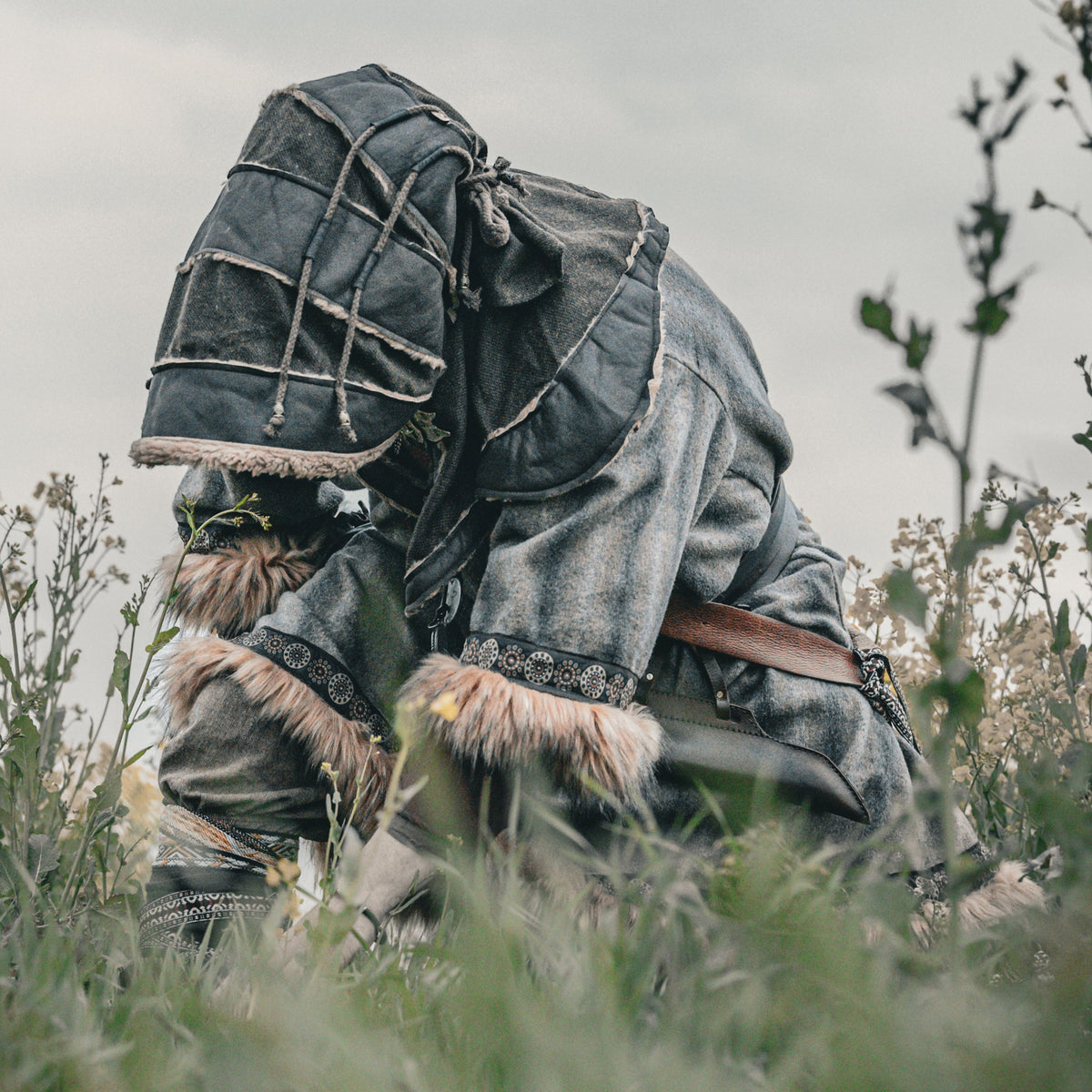 Brown and green faux leather medieval hood with layered design for LARP.