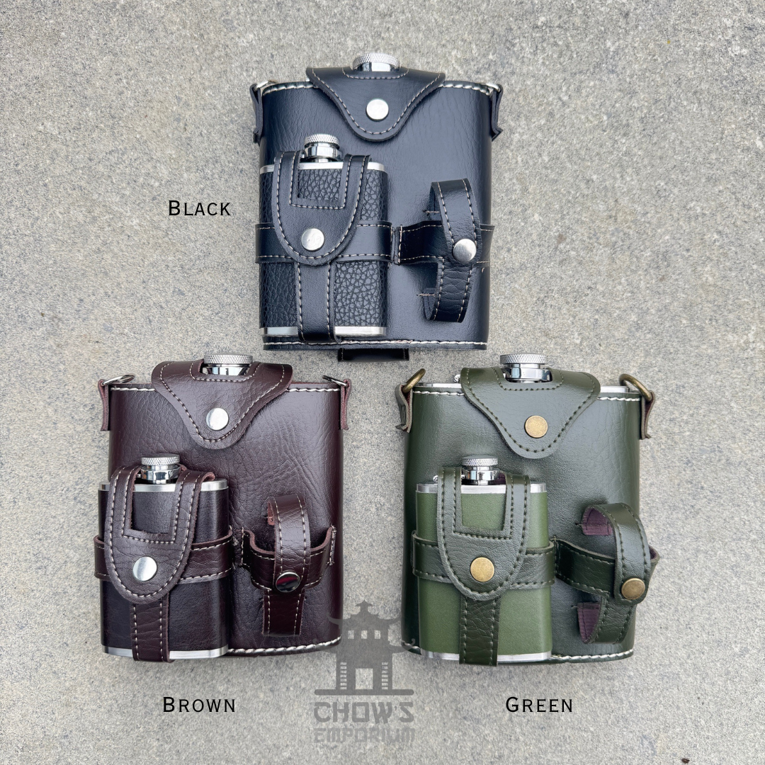 Ranger 18oz Leather Hip Flask with Mini Flask and Pouches