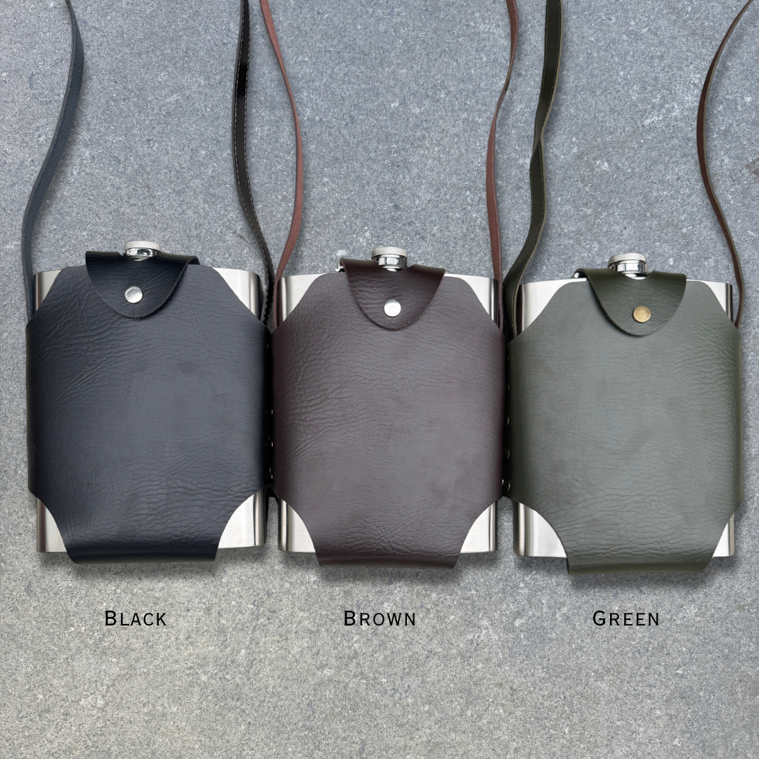 Rectangular 48oz Hip Flask with Faux Leather Holder
