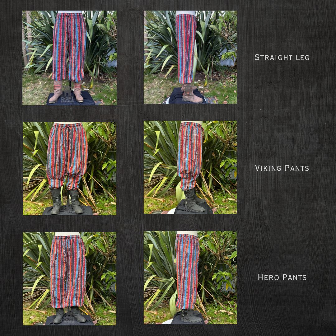Vertical striped pants in red and blue, shown in various LARP styles.