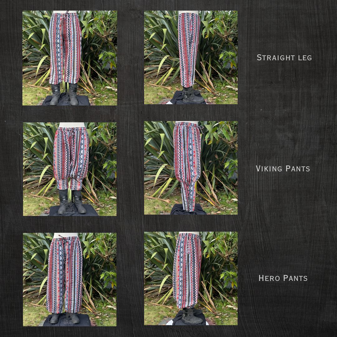 Patterned LARP trousers, three styles, multicolor, front and side views.