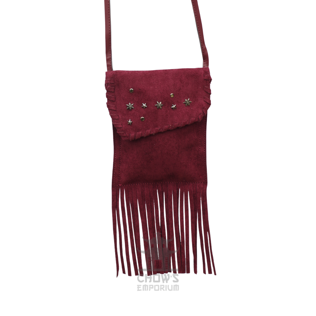 Red suede fringe crossbody bag, small, with studded flap