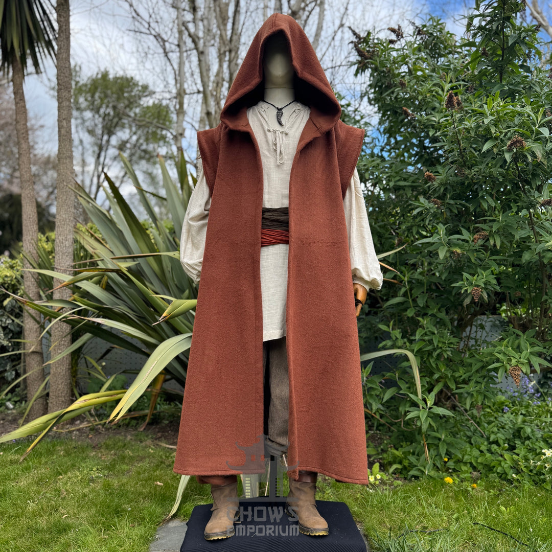 Medieval Hooded Sleeveless Robe in Rust