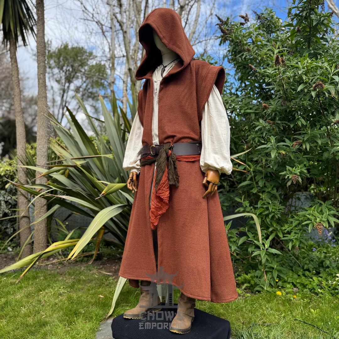 Medieval Hooded Sleeveless Robe in Rust