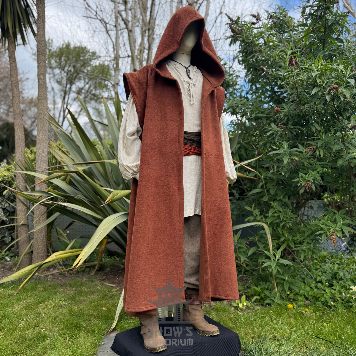 Medieval Hooded Sleeveless Robe in Rust