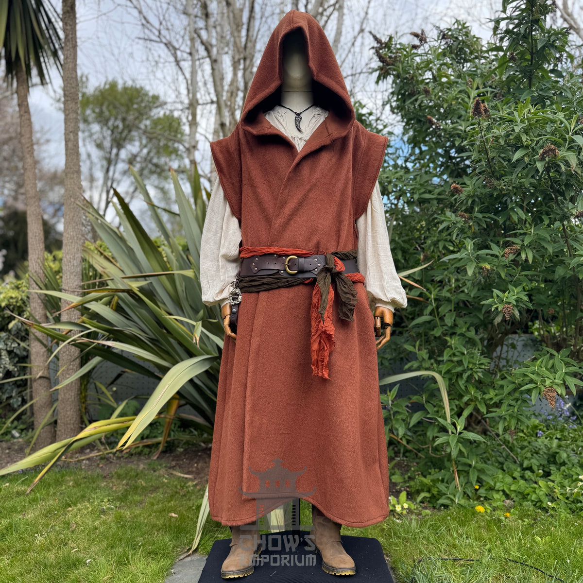 Medieval Hooded Sleeveless Robe in Rust
