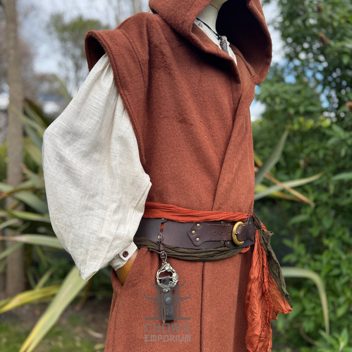 Medieval Hooded Sleeveless Robe in Rust