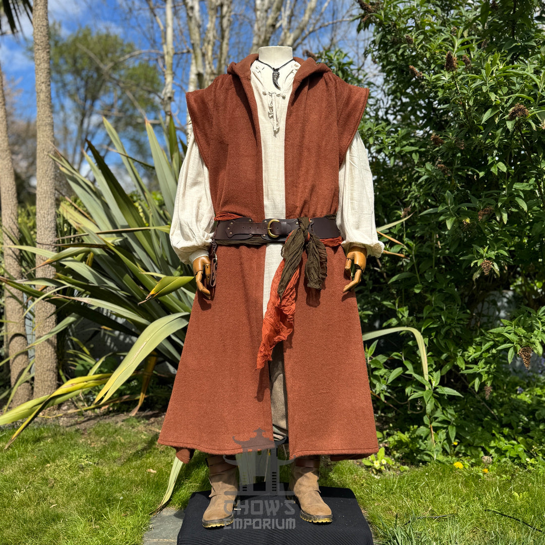 Medieval Hooded Sleeveless Robe in Rust