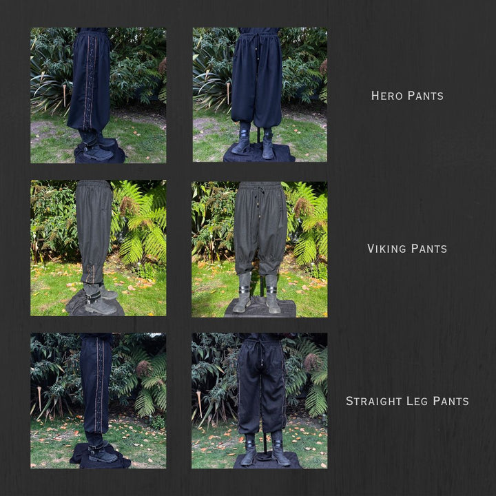 Medieval LARP Trousers in Black Wool for Renaissance Faire, Cosplay, Fantasy, and Roleplay Events. Hero Pants, Viking Pants, and Straight Leg Pants with Side Lace Detailing.