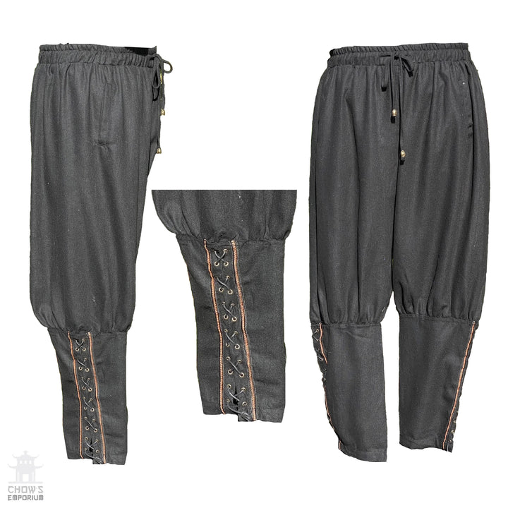 Medieval Viking Pants - Black Wool Mix Trousers with Braiding - Chows Emporium Ltd
