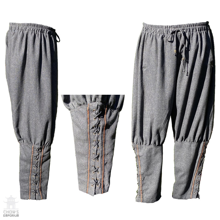 Medieval Viking Pants - Grey Wool Trousers with Braiding - Chows Emporium Ltd