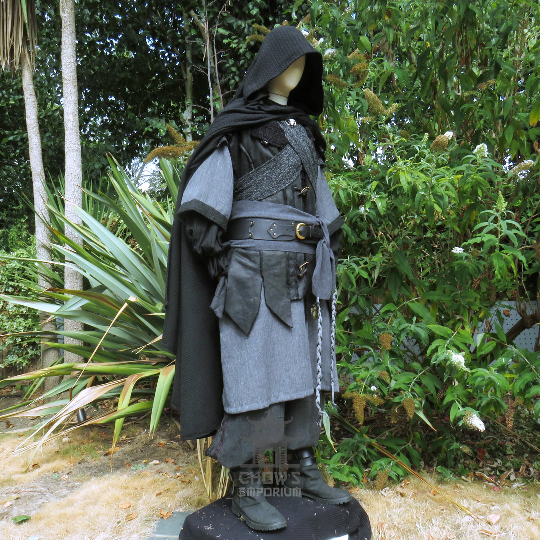 Ashen Rogue LARP Outfit, 5+ Pieces (Waistcoat, Tunic, Hood, Sash, Necklace)