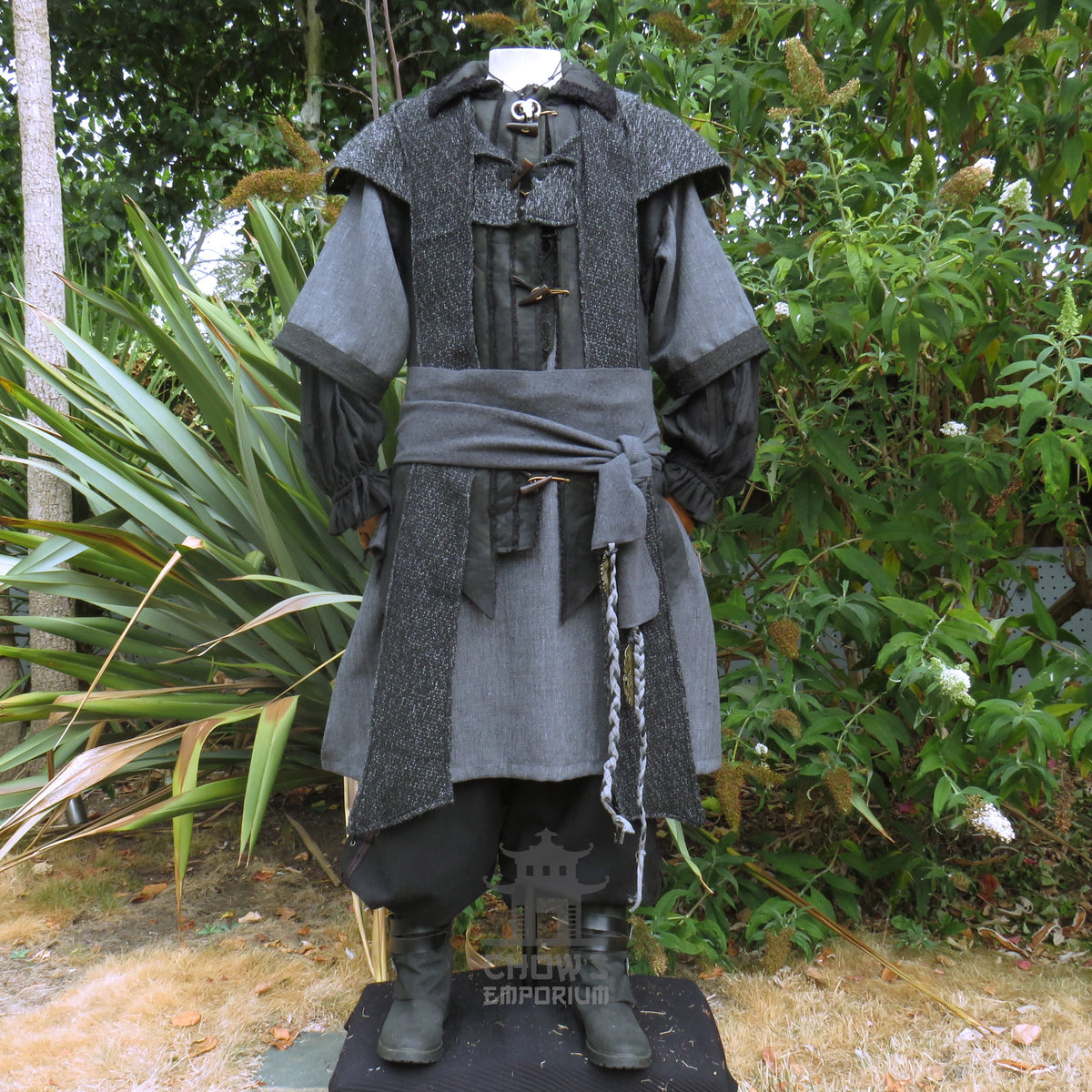 Ashen Rogue LARP Outfit, 5+ Pieces (Waistcoat, Tunic, Hood, Sash, Necklace)
