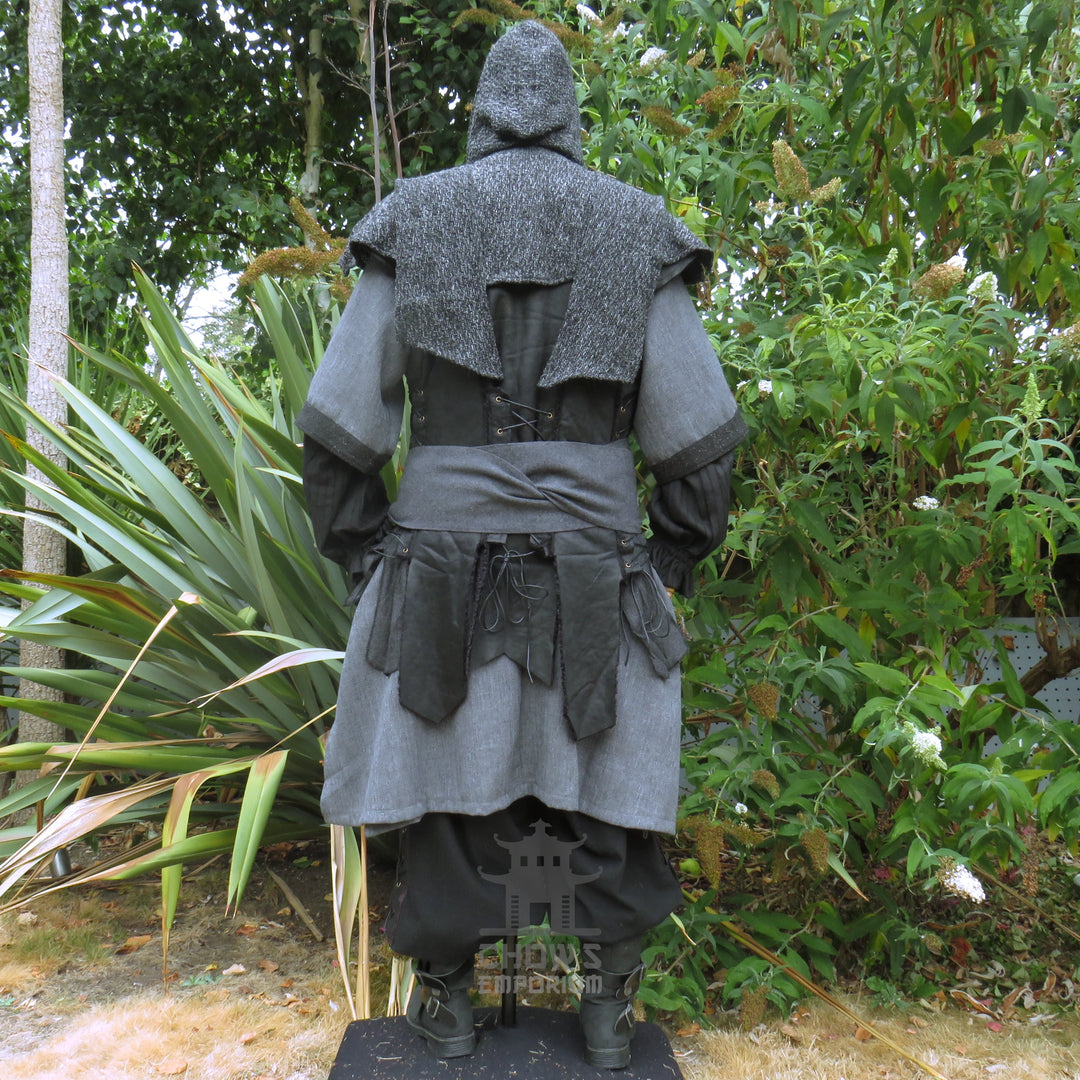 Ashen Rogue LARP Outfit, 5+ Pieces (Waistcoat, Tunic, Hood, Sash, Necklace)