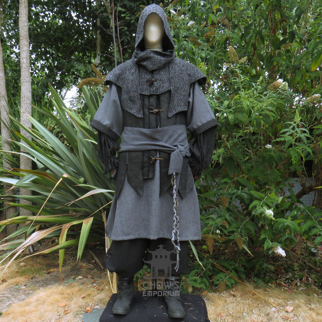 Ashen Rogue LARP Outfit, 5+ Pieces (Waistcoat, Tunic, Hood, Sash, Necklace)