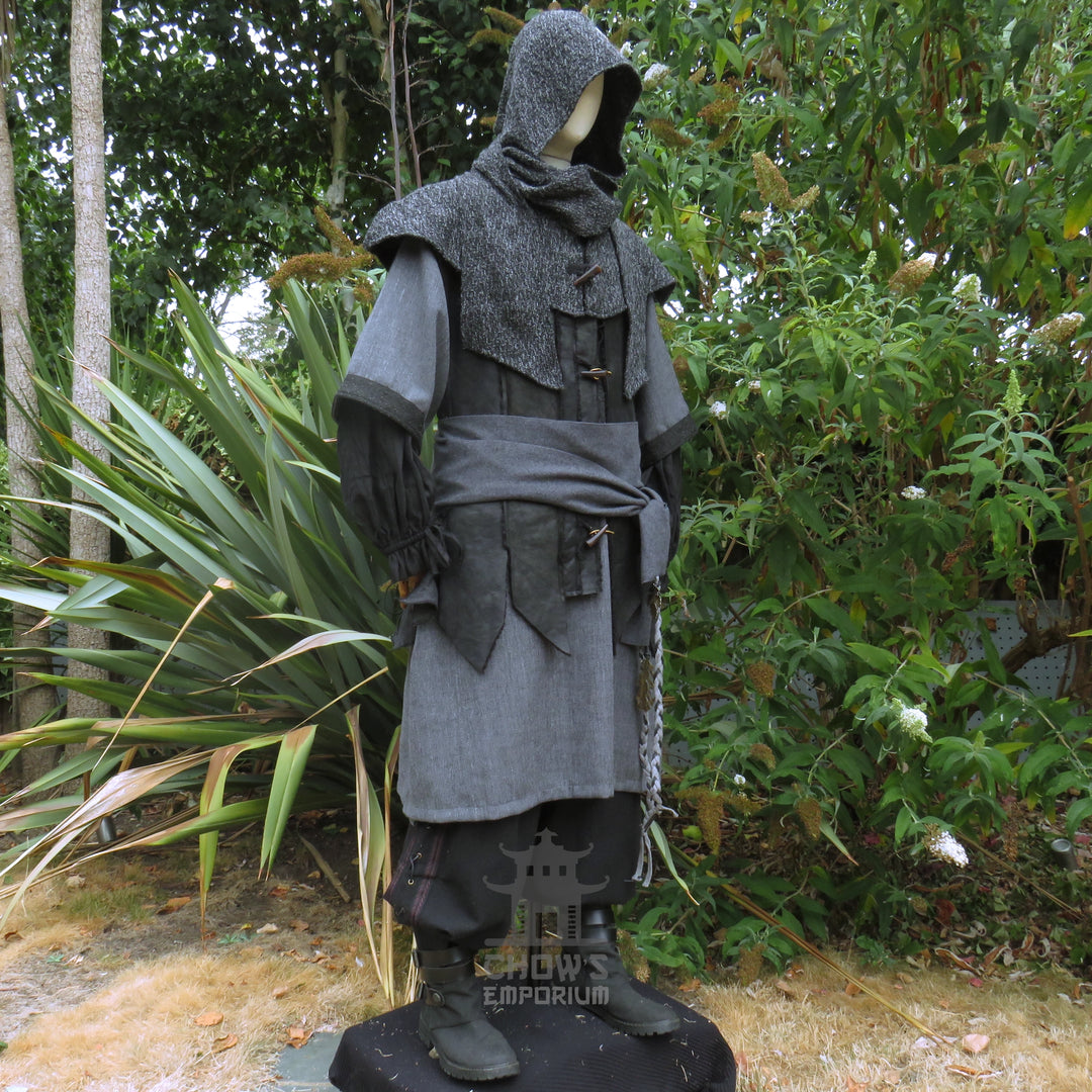 Ashen Rogue LARP Outfit, 5+ Pieces (Waistcoat, Tunic, Hood, Sash, Necklace)