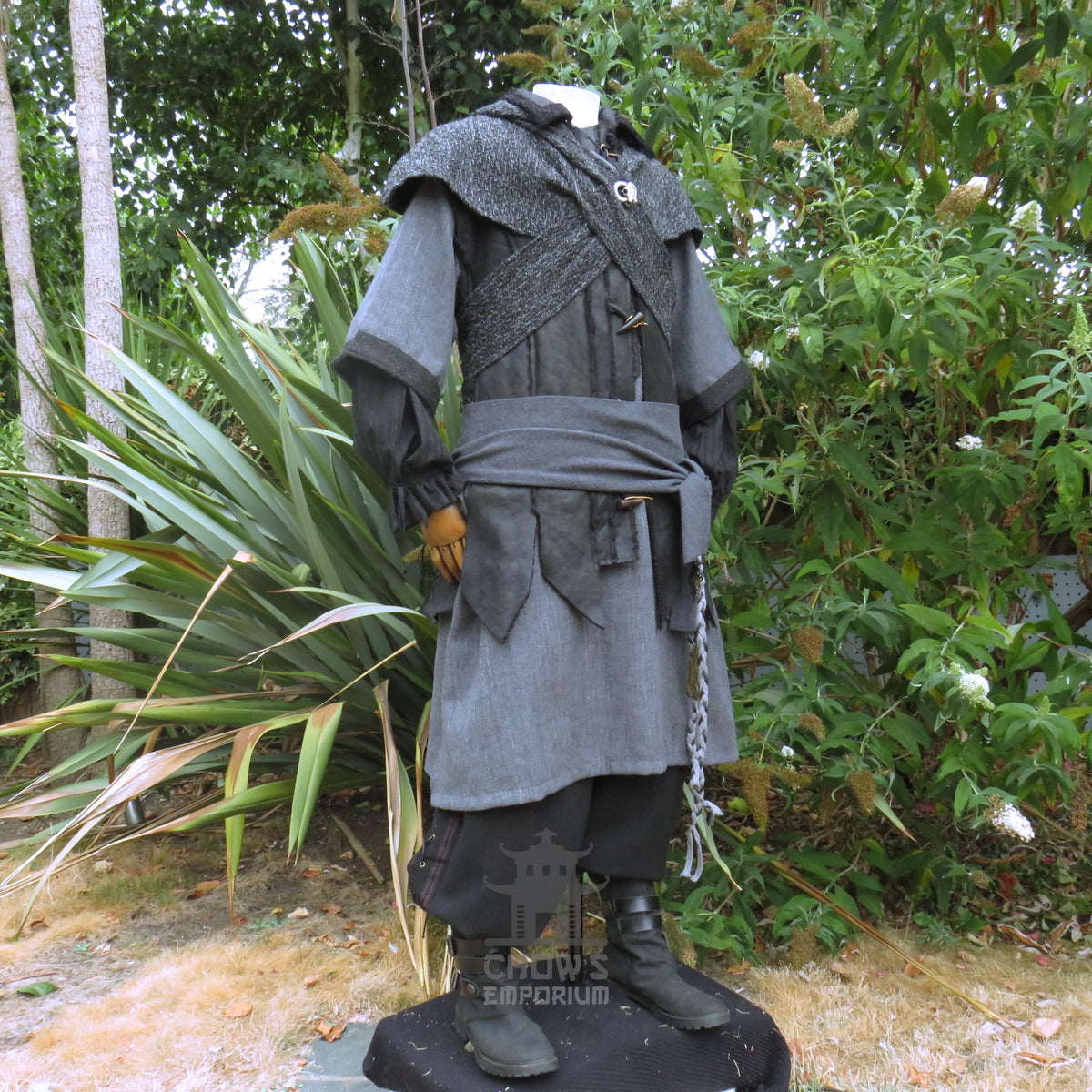 Ashen Rogue LARP Outfit, 5+ Pieces (Waistcoat, Tunic, Hood, Sash, Necklace)