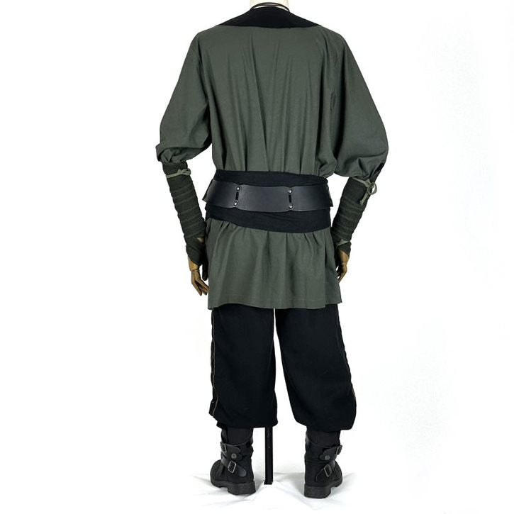 Medieval LARP outfit back view, featuring a green and black viking tunic, arm wraps, trousers and sash. For Renaissance Faire and historical roleplay events.