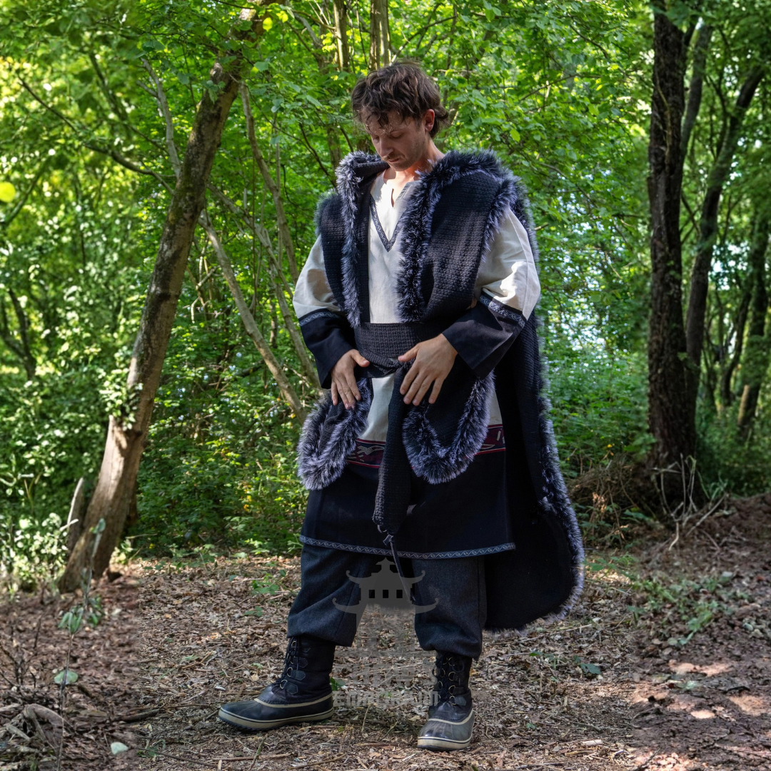 Black Viking Fur-Trim Cape with Sash
