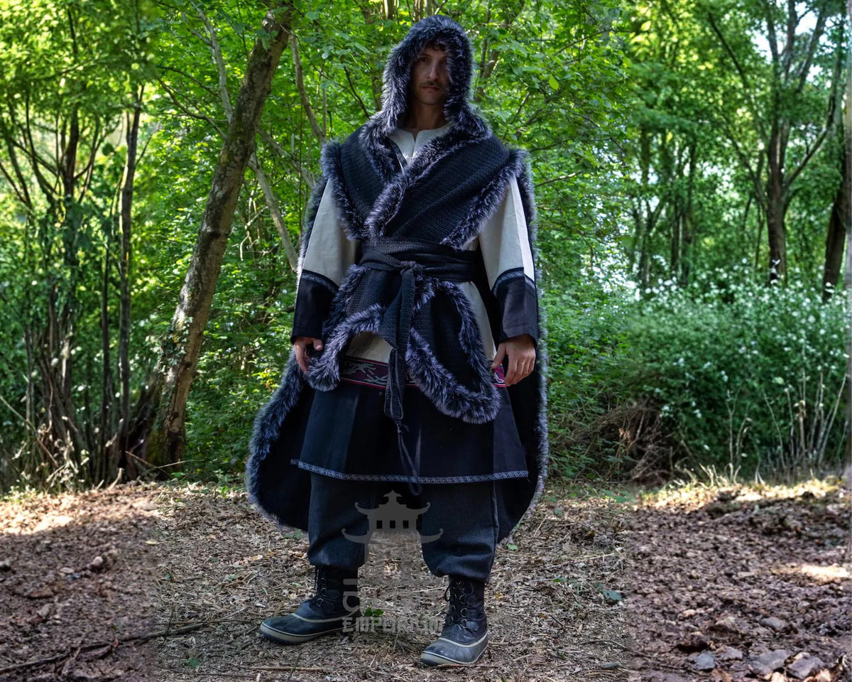Black Viking Fur-Trim Cape with Sash