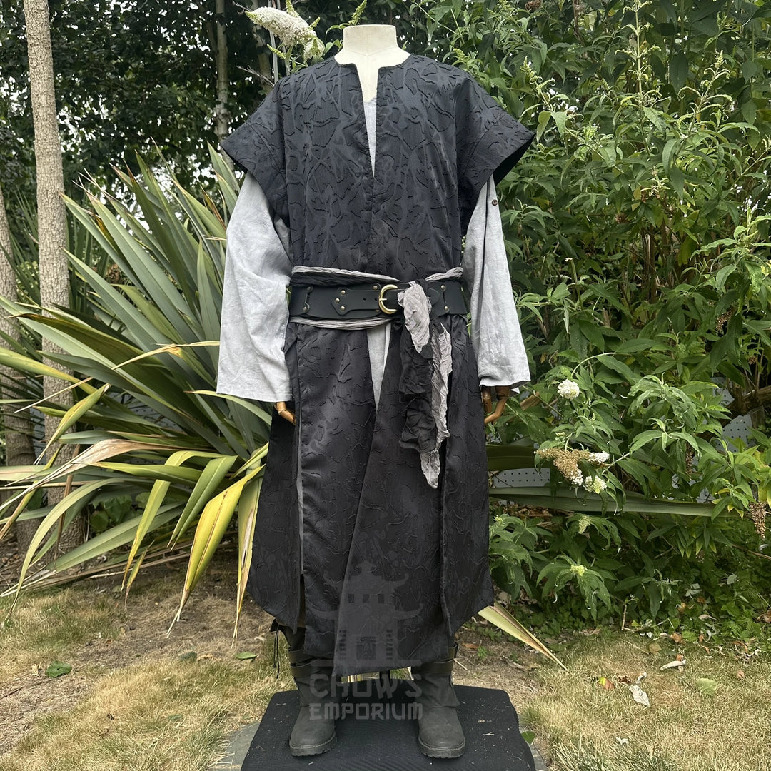 Black panelled waistcoat with the hood down and a leather belt at the waist, front view. Shirt and belt sold separately.