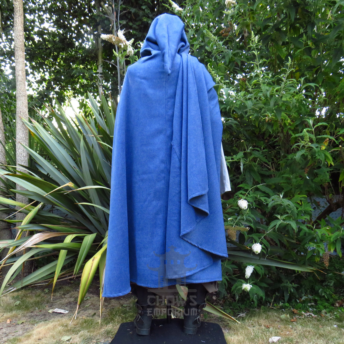 Back view of the blue cloak with the hood raised