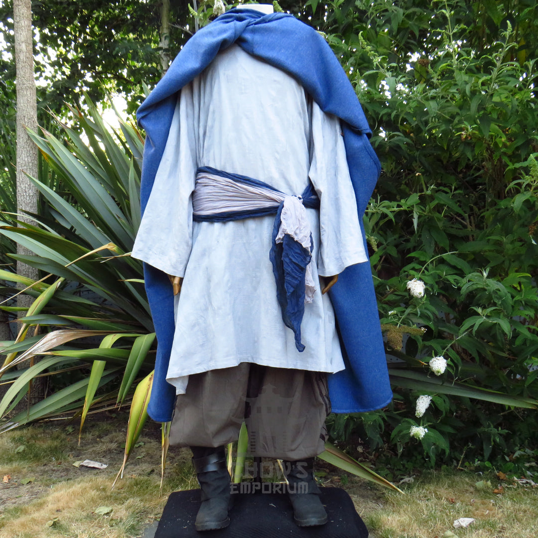 Blue hooded cloak folded back over both shoulders to wear as a cape, other pieces sold separately