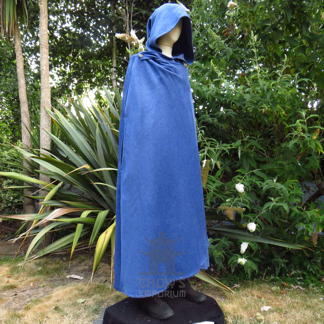 Full-length blue medieval cloak hanging to 49in from the shoulder, hood raised