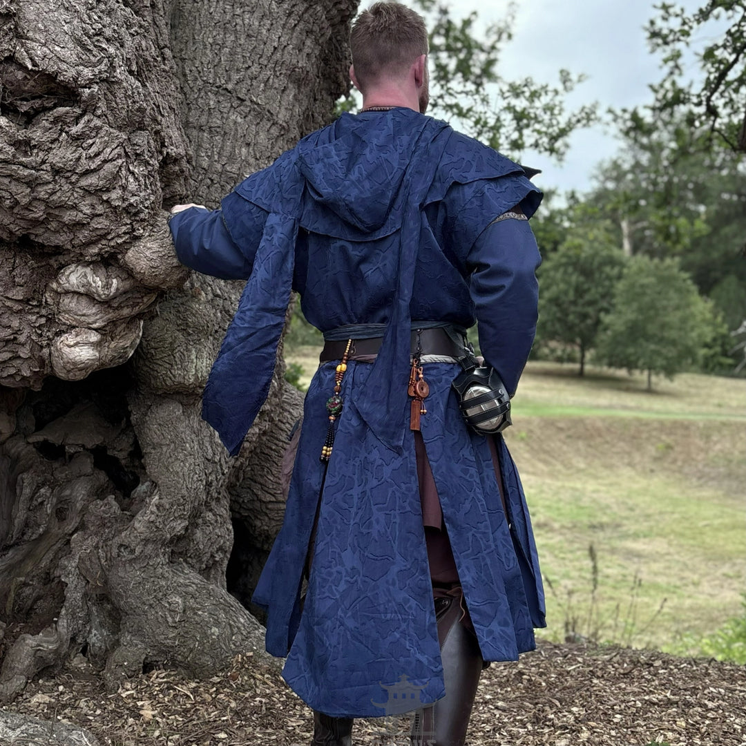 Blue Panelled Waistcoat & Hood LARP Set, 2 Pieces (Waistcoat & Scarf Hood)