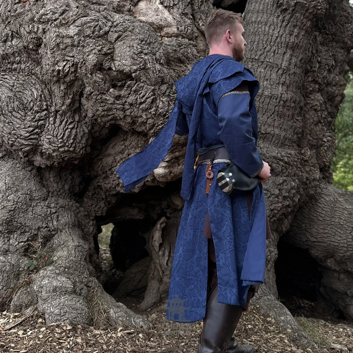 Blue Panelled Waistcoat & Hood LARP Set, 2 Pieces (Waistcoat & Scarf Hood)