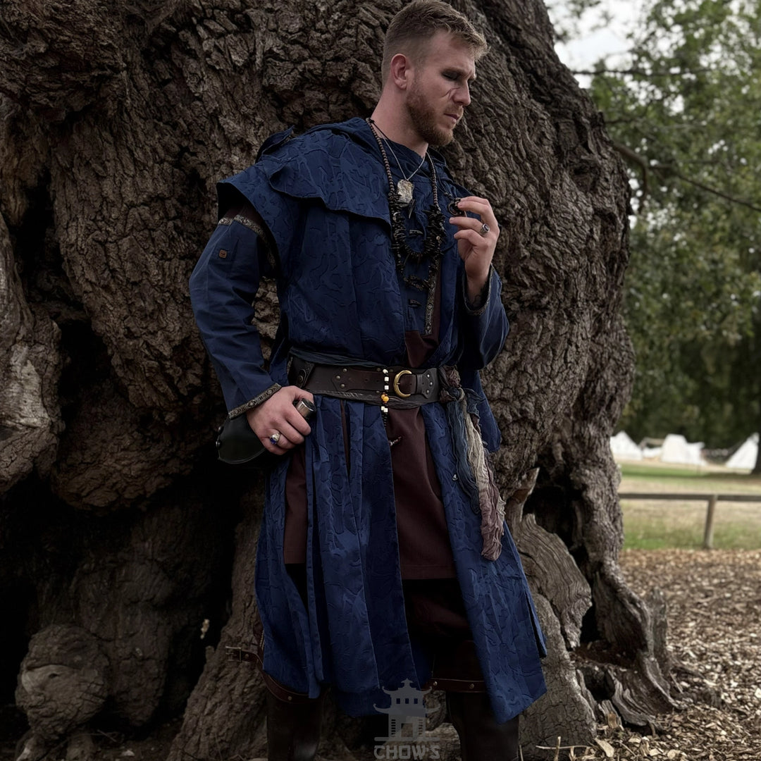 Blue Panelled Waistcoat & Hood LARP Set, 2 Pieces (Waistcoat & Scarf Hood)