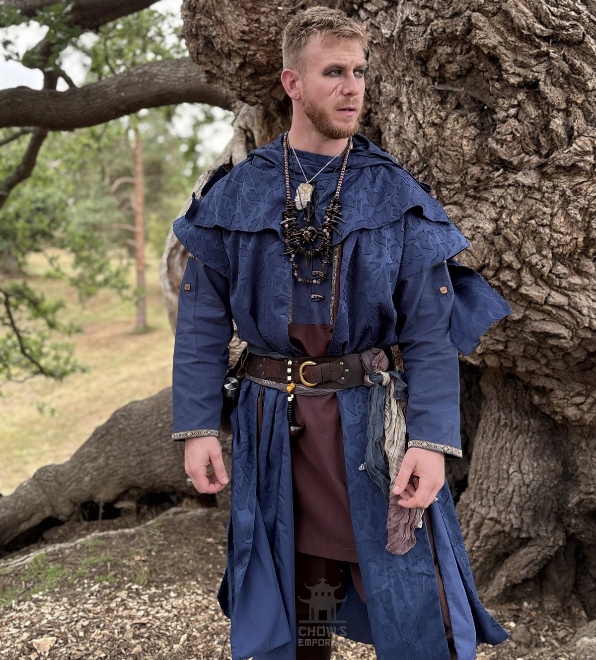 Blue Panelled Waistcoat & Hood LARP Set, 2 Pieces (Waistcoat & Scarf Hood)