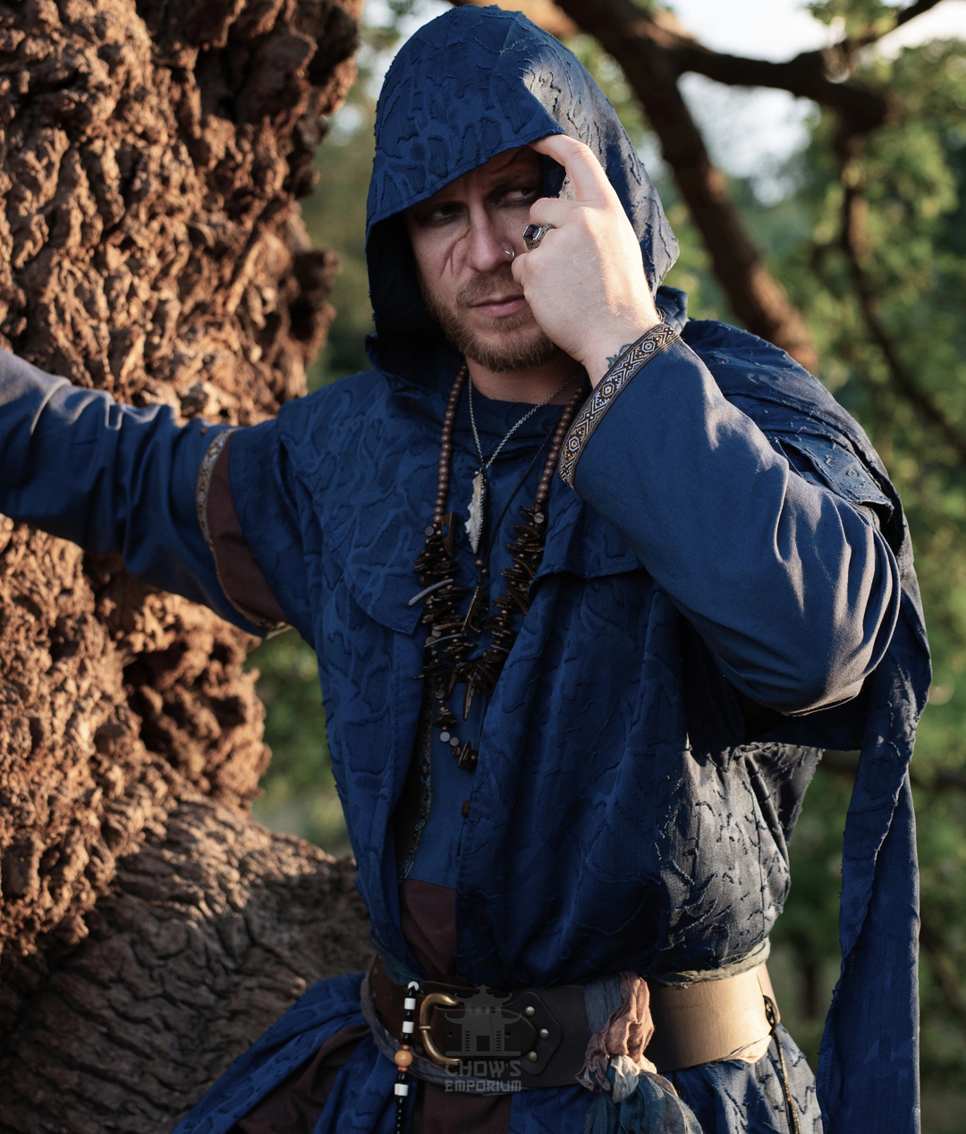 Blue Panelled Waistcoat & Hood LARP Set, 2 Pieces (Waistcoat & Scarf Hood)