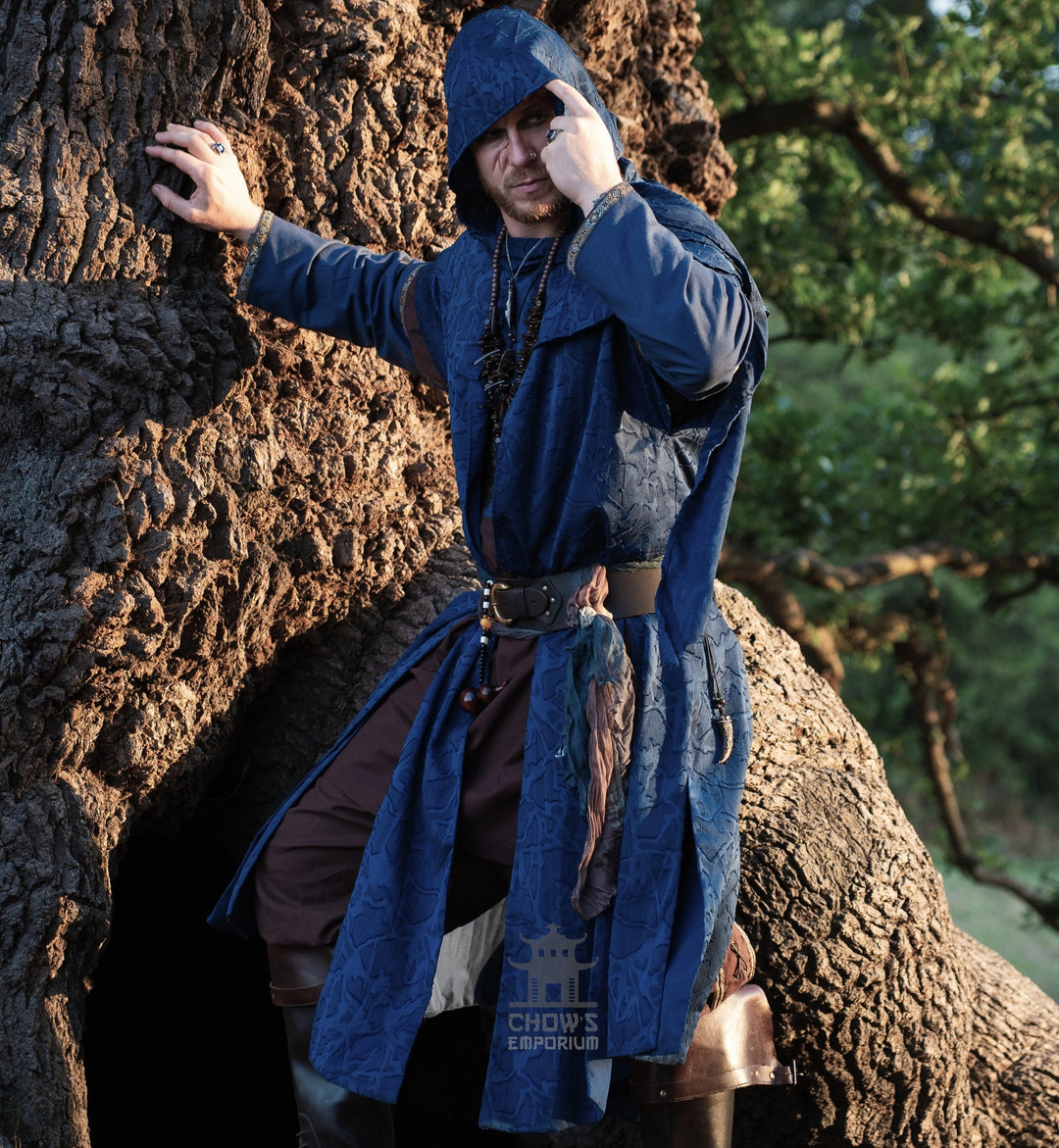 Blue Panelled Waistcoat & Hood LARP Set, 2 Pieces (Waistcoat & Scarf Hood)
