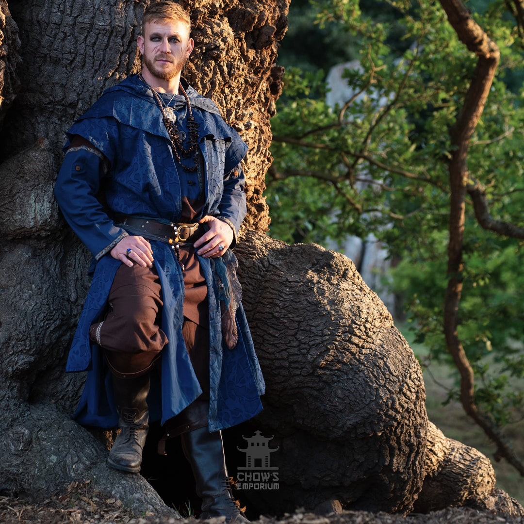 Blue Panelled Waistcoat & Hood LARP Set, 2 Pieces (Waistcoat & Scarf Hood)