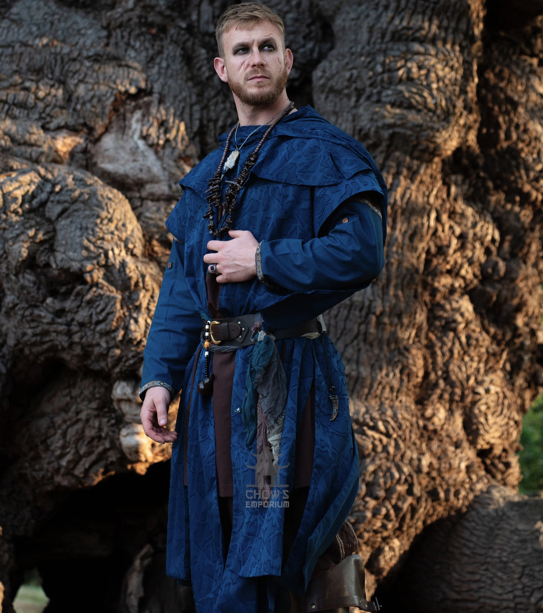Blue Panelled Waistcoat & Hood LARP Set, 2 Pieces (Waistcoat & Scarf Hood)